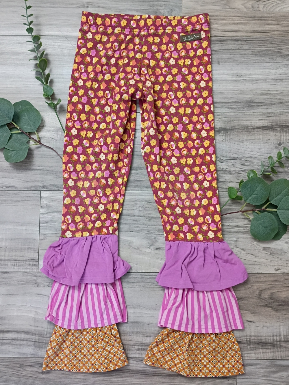 Matilda Jane Pink Floral & Purple Ruffle Girls Leggings